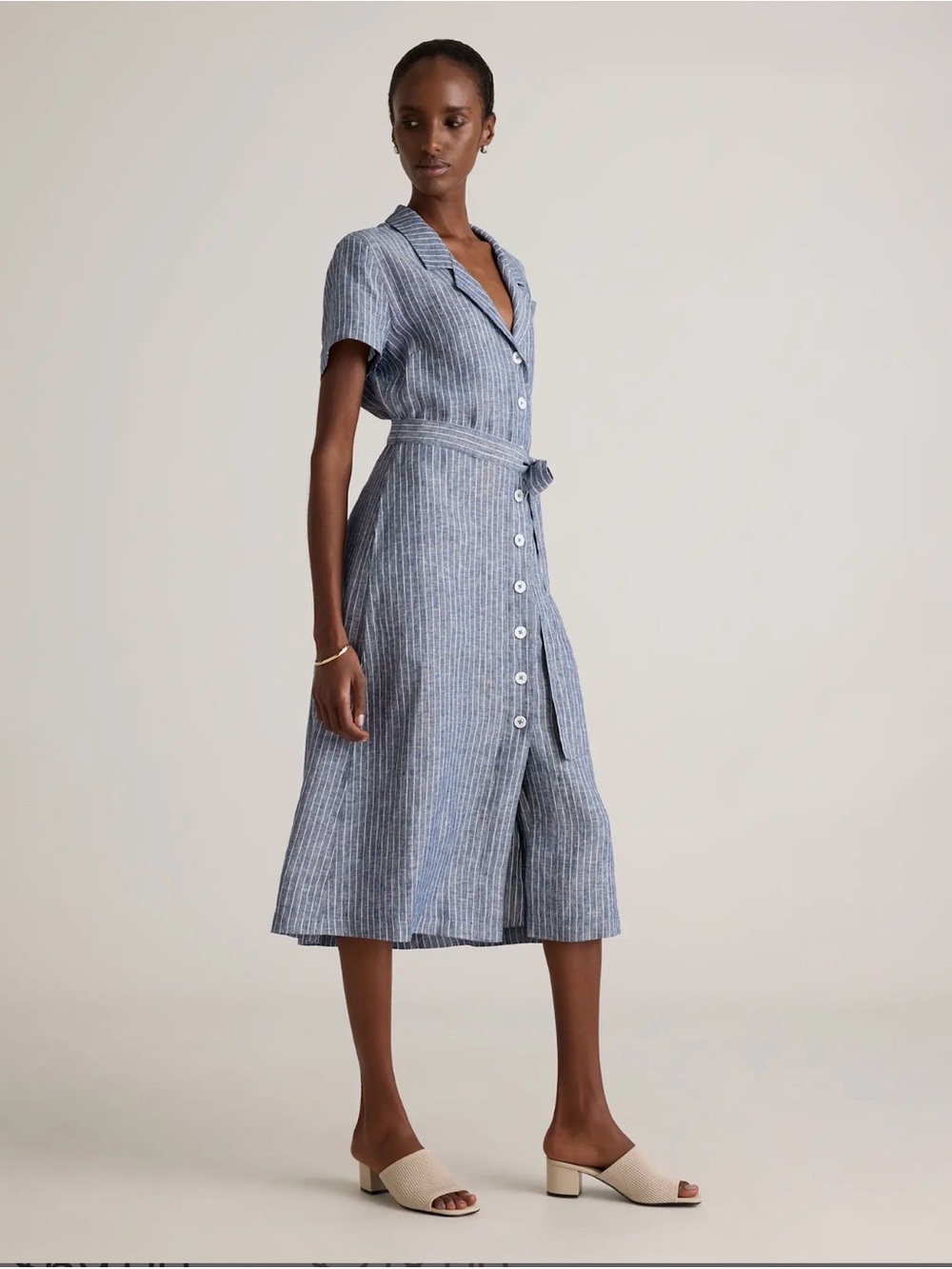 Quince Blue and White Pinstripe Midi Shirt Dress - Picture 2 of 9